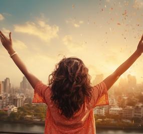 wellness for substance user - a joyful girl with open hands in front of densely populated metropolitan city3