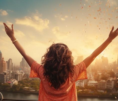 wellness for substance user - a joyful girl with open hands in front of densely populated metropolitan city3