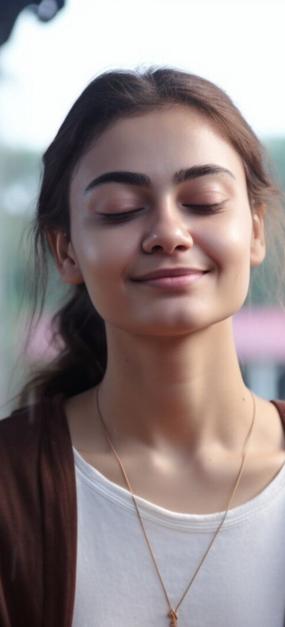 a woman meditating with a smile